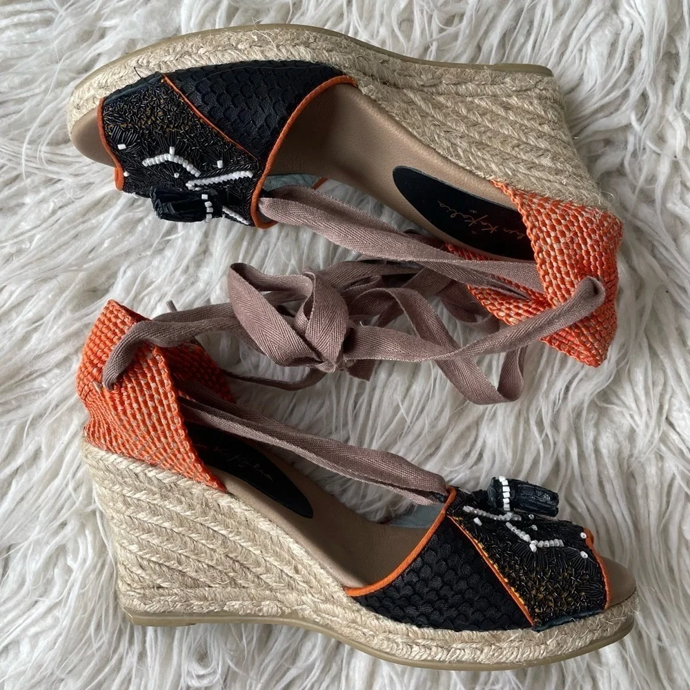 Anthropologie Meher Kakalia Beaded Queen Yuca Wedge Espadrille Sandals EUC Sz 38